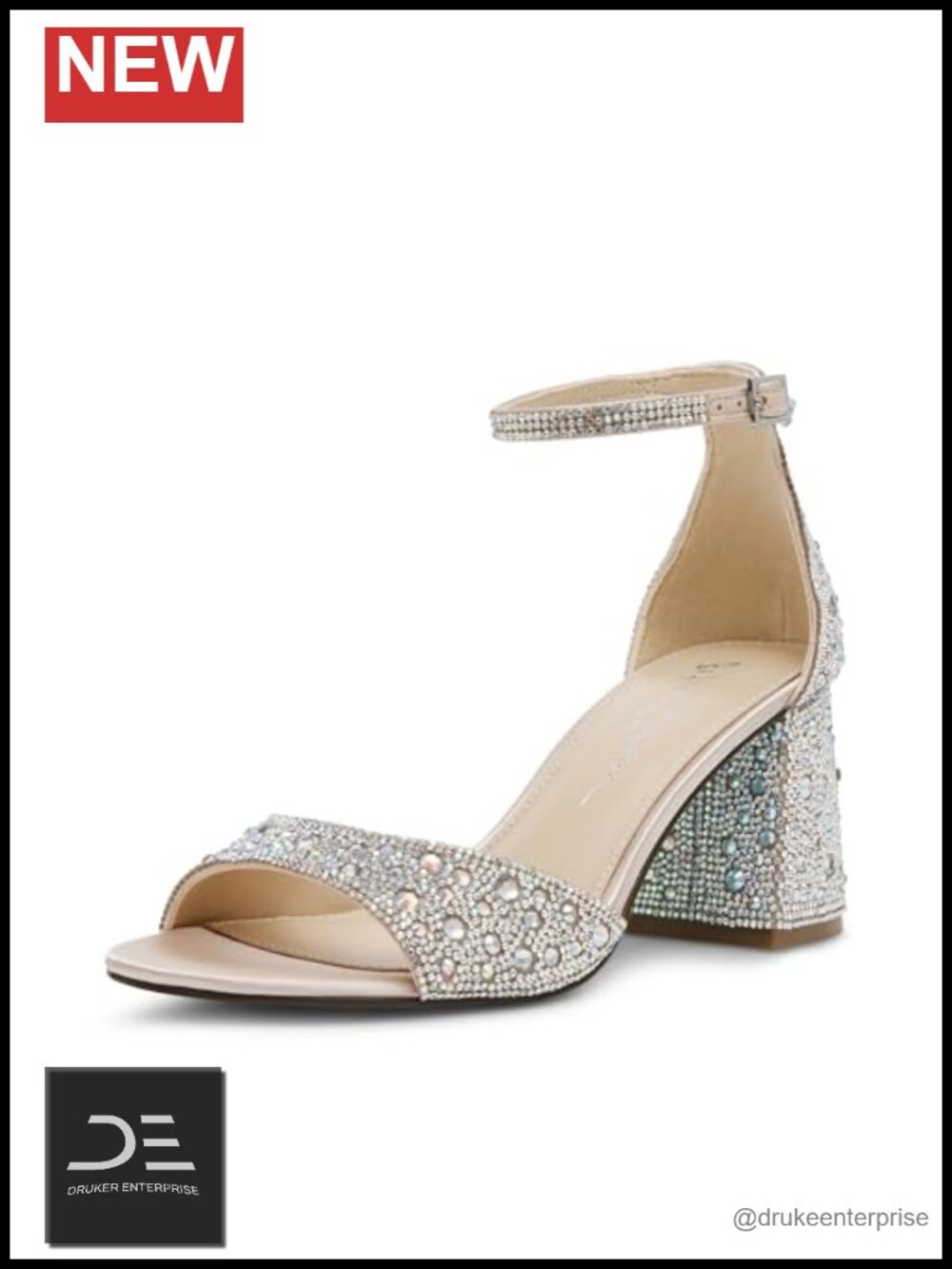 Women's Heeled Sandals with Rhinestone Ankle Strap Block Heel Open Toe